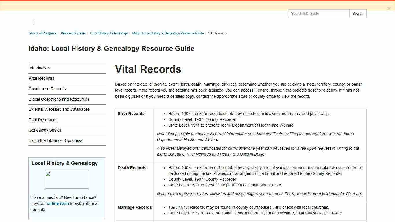 Vital Records - Idaho: Local History & Genealogy Resource Guide - Research Guides at Library of Congress